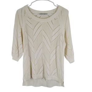 Trina Turk Cottage BOHO Cable Knit Sweater Womens Small Cream Cotton Modal